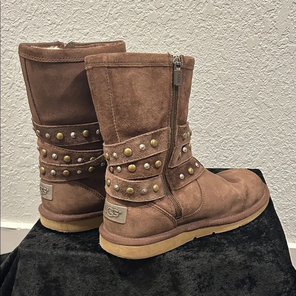 UGG Brown Suede Studded Shearling-Lined Winter Boots - Picture 2 of 7